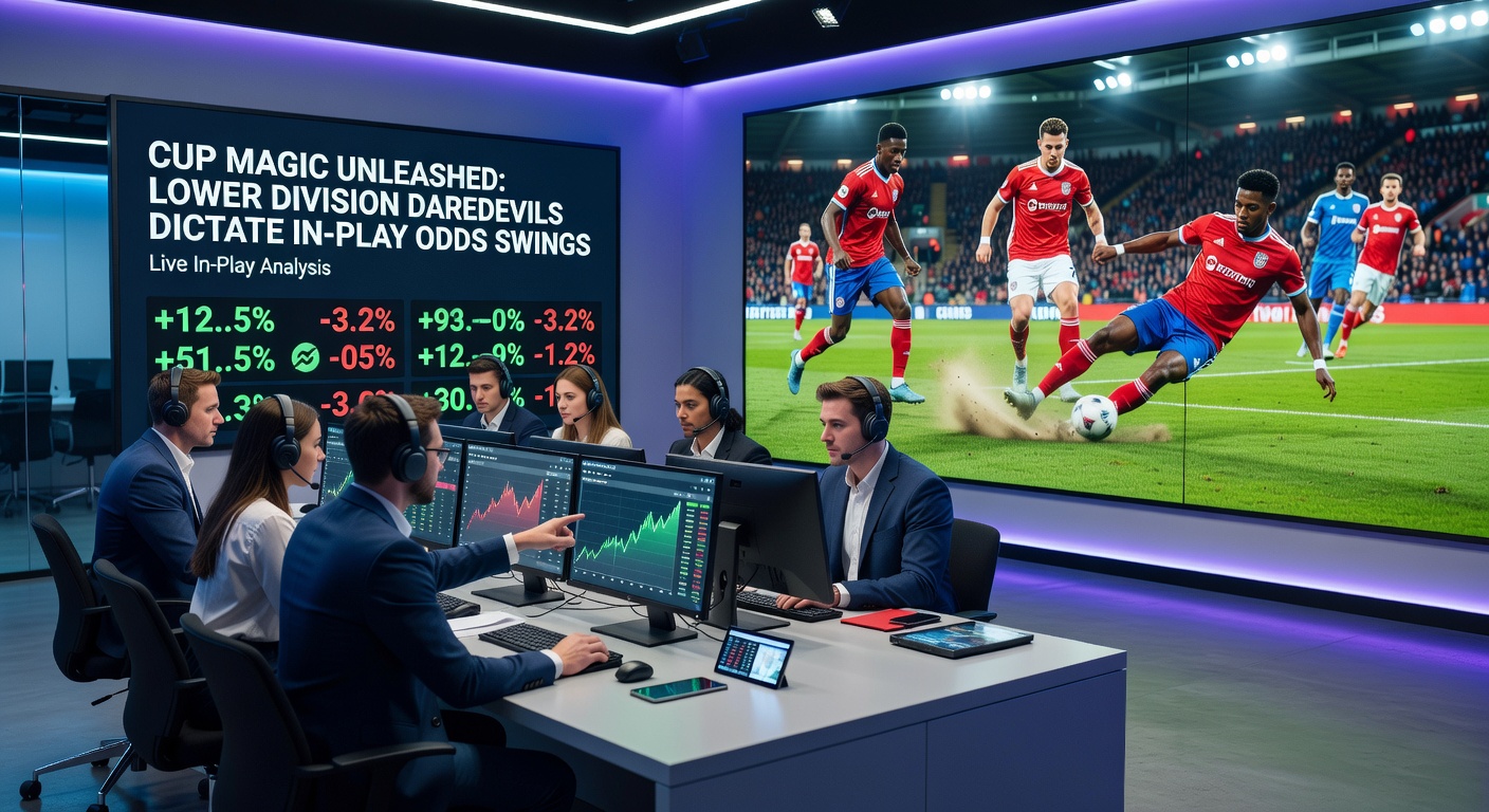 Bookmakers' screens flashing dramatic odds changes during a cup upset, with lower division team leading