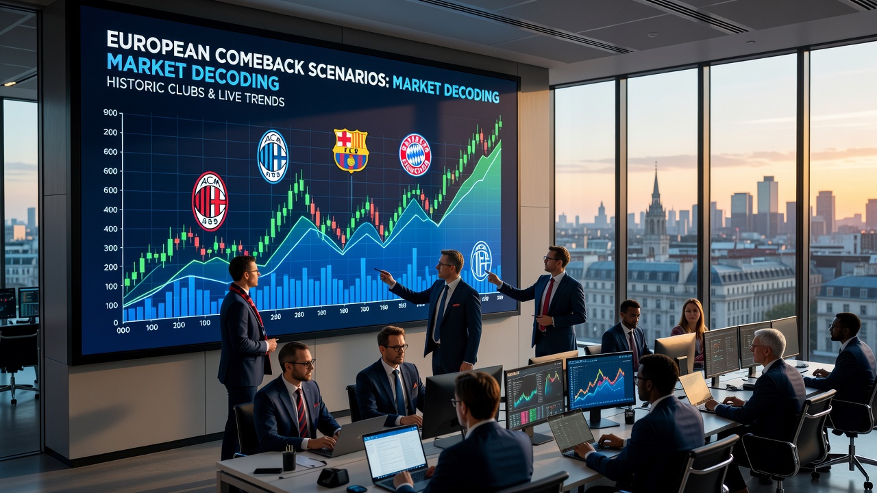 Illustration of historic club players celebrating a European comeback goal with betting market overlays