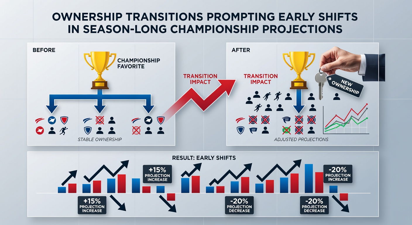 Analysts reviewing data screens with ownership transition timelines and updated league projection graphs