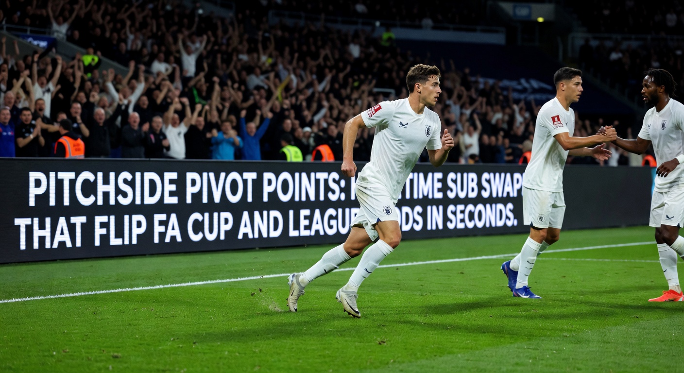 Close-up of a substitute celebrating a goal moments after entering at halftime in an FA Cup thriller, with digital odds screens updating frantically
