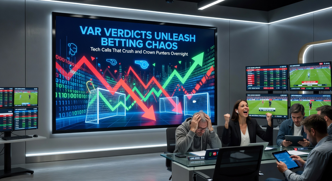 A split-screen showing a VAR review overturning a red card, overlaid with dramatic graphs of betting odds plummeting and surging during the pause